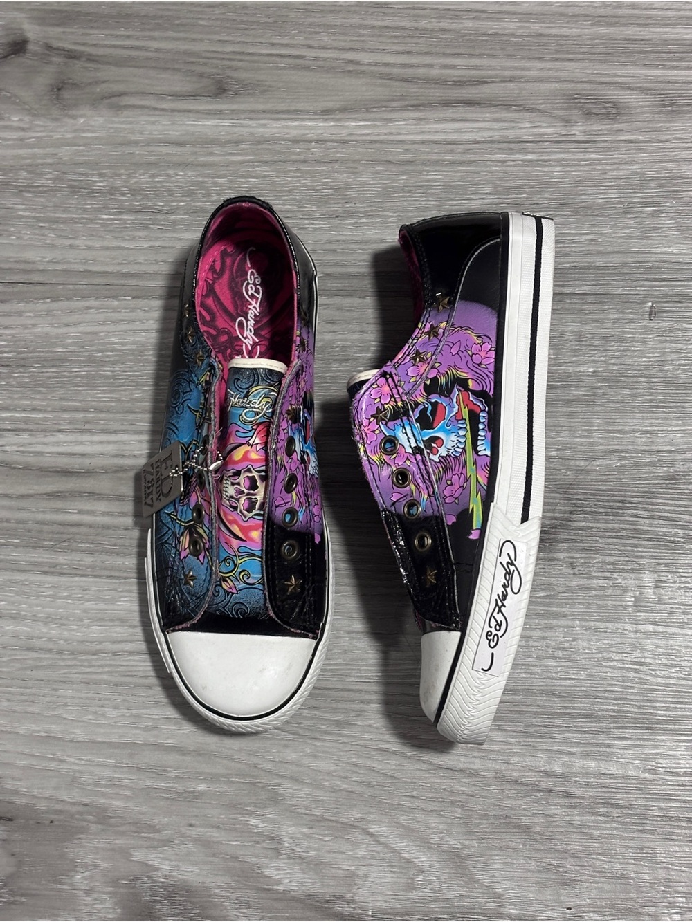 2000s Ed Hardy Slip On Leather Skull Sneakers With Dog Tag Charm